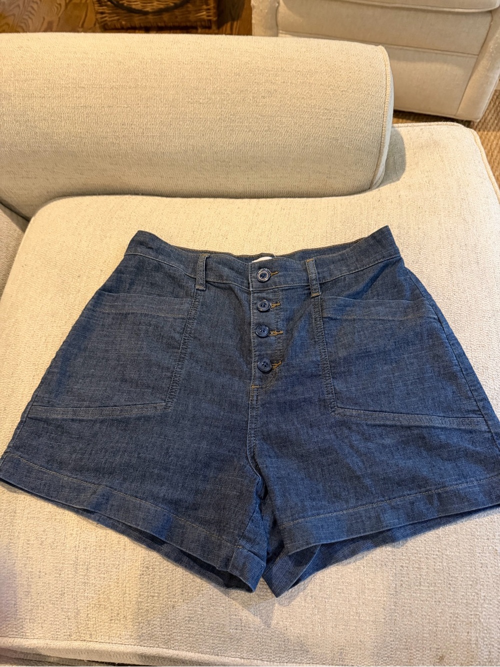 Evereve Dark Blue High-Rise Button-Front Denim Shorts